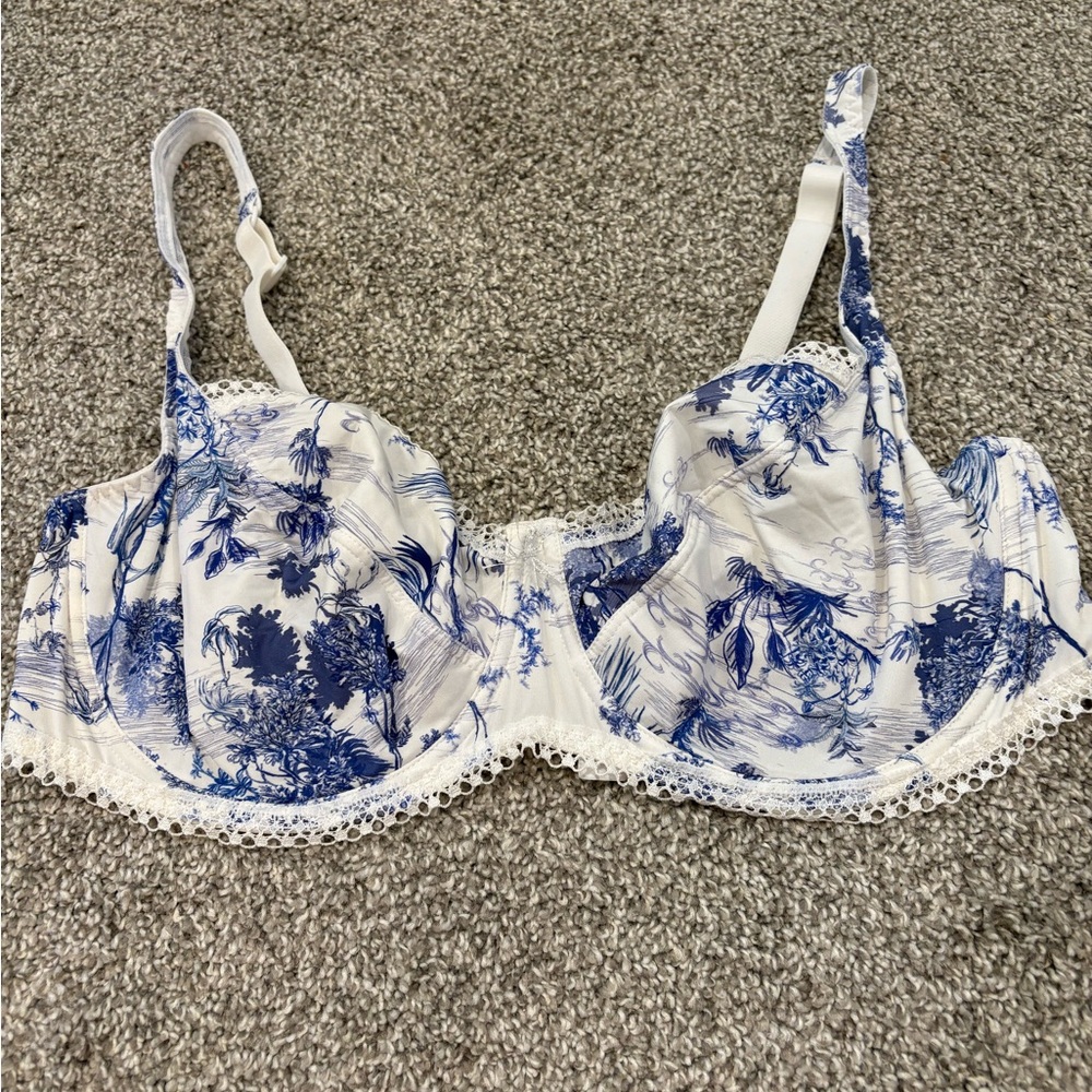 Blue and White Floral Lace Bra